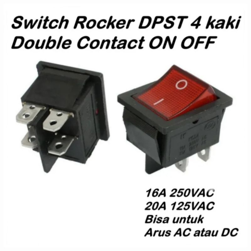 Switch Power On Off 16A 25x30 Saklar 4 pin plus lampu