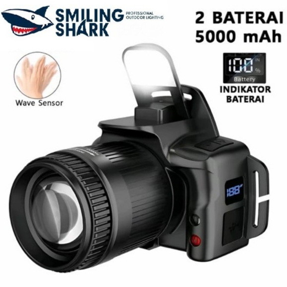 SENTER KEPALA LED SMILING SHARK TD-0179 - 6 MODE CAHAYA - SUPER TERANG - SENSOR - DIGITAL DISPLAY