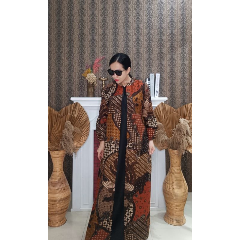 Gamis Nirwana Jingga premium/gamis godong telo/ batik mix moscrepe