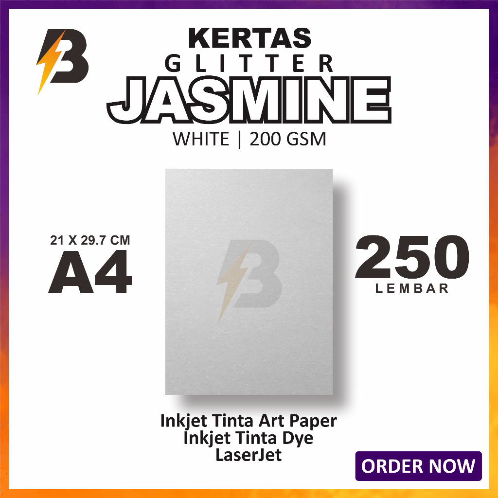 Kertas Jasmine Glitter 200 gsm A4 isi 250 lembar - Kertas Jasmine Glitter Putih A4 200 gsm 1/2 RIM