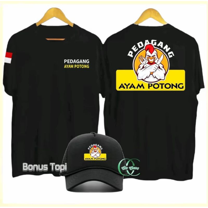 KAOS PEDAGANG AYAM POTONG BONUS TOPI CORAK AYAM PUTIH