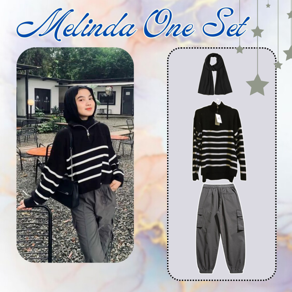 Melinda One Set Korean Outfit Daily Hangout, Study tour (Turtleneck Rajut Celana Joger Cargo Hijab)