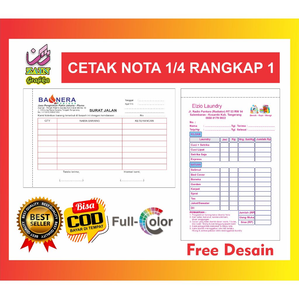 

cetak nota custom ukuran 1/4 rangkap 1 ply