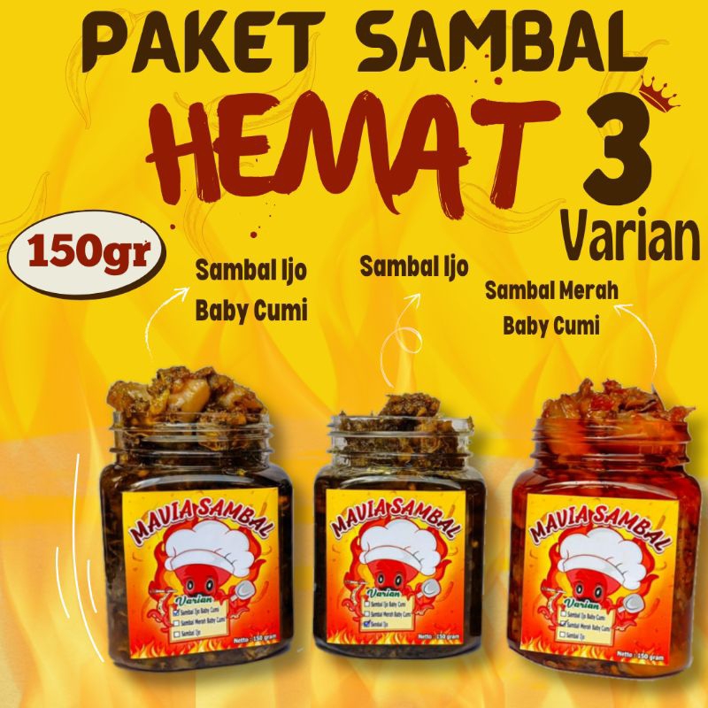 

Mavia Sambal - Paket sambal Triple hemat | Sambal Merah Baby Cumi,Sambal Ijo,Sambal Ijo Baby Cumi 150gr