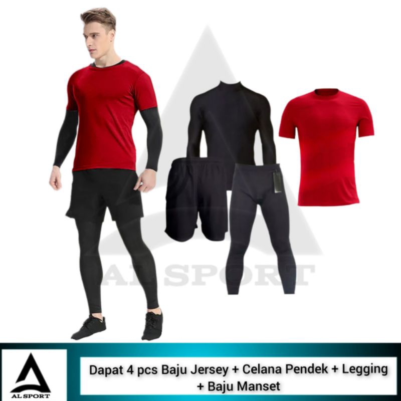 4 IN 1 Stelan Olahraga Pria Baju Jersey Celana Pendek Legging Sport Futsal Lari