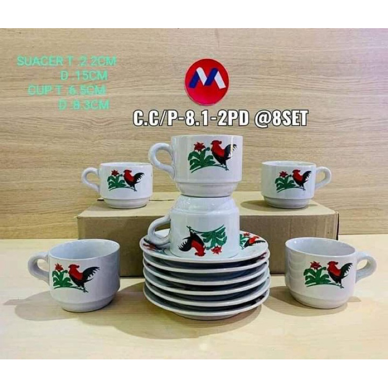cangkir set motif ayam jago keramik