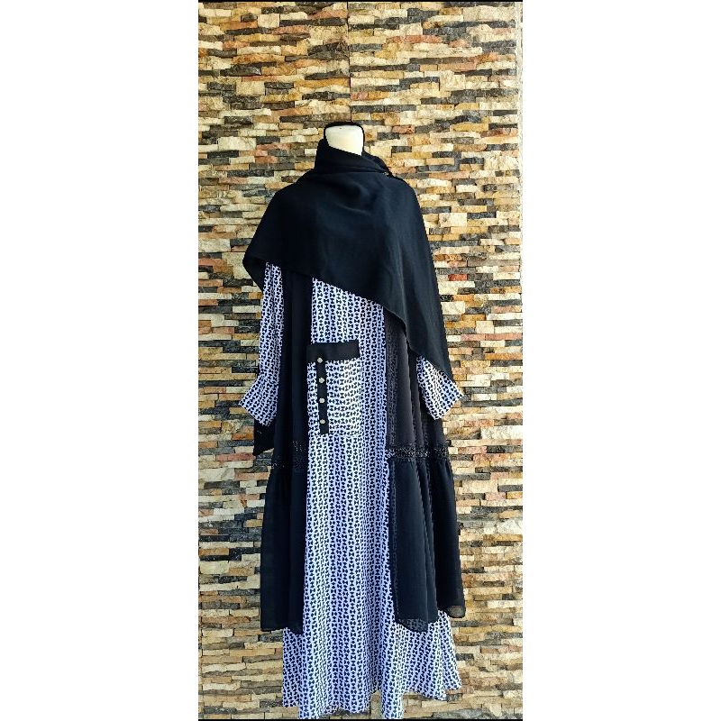 Set Gamis Motif Hitam Putih Ceruti / Abaya Hitam Putih