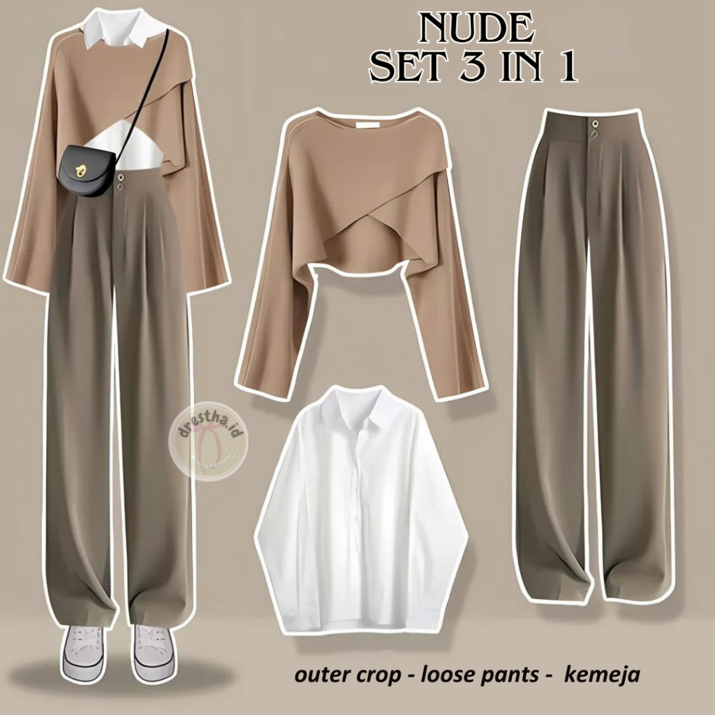 One Set Korean Style 3IN1 Outer Crop Rajut + Kemeja Polos + Loose Pants Nude Color OOTD Import Bangk