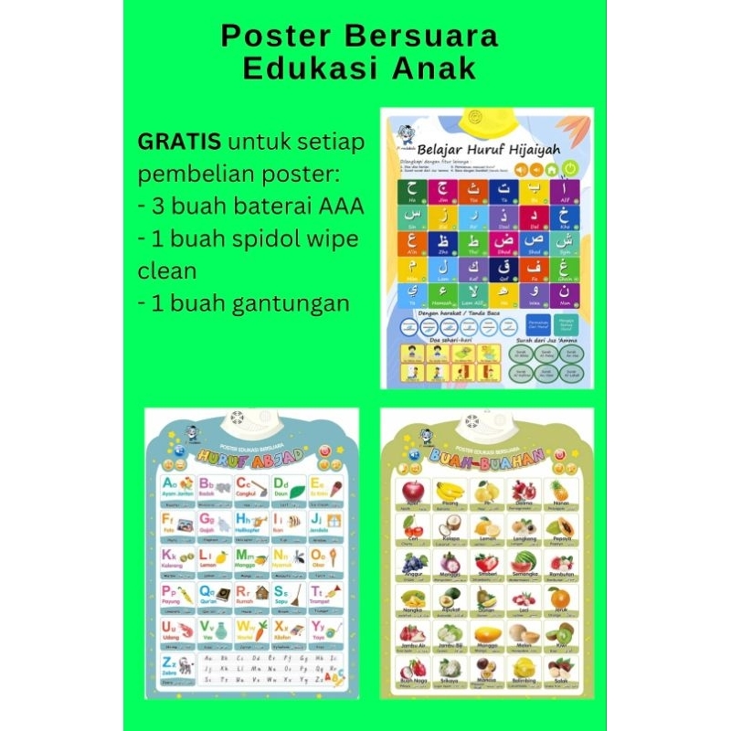 Poster Bersuara Edukasi Anak - Abjad (Huruf) / Buah / Hijaiyah (Gratis Baterai + Spidol wipe clean +