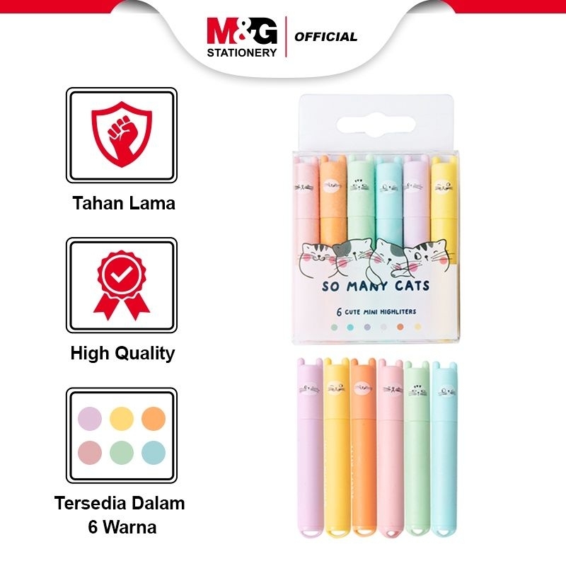 

M&G "SO MANY CATS" Mini Highlighter/stabilo Pastel 6pcs Pink/Yellow/Blue/Purple/Green/Orange