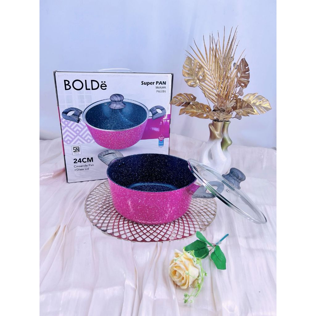 Panci / Casserole Bolde 24cm Blackpink + Tutup Kaca Anti Lengket Marble Series