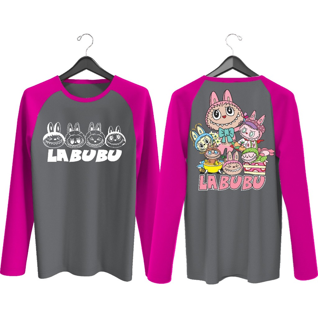 Kaos Atasan Raglan cewek Wanita Lengan panjang Kaos Wanita sablon Labubu pala depan belakang/ Kaos o
