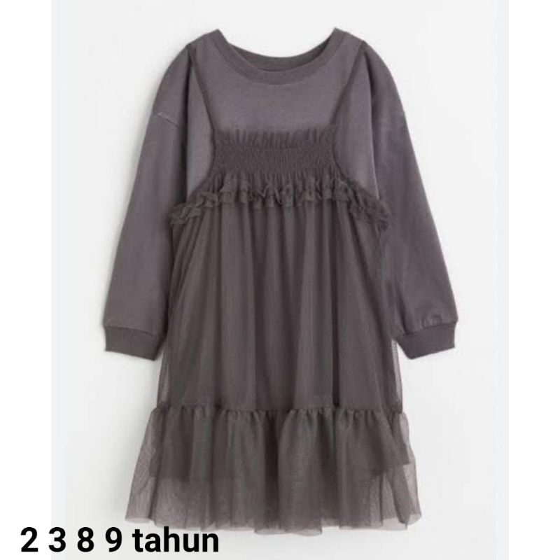 Dress pesta anak perempuan Haem 2 3 8 9 tahun dres tulle tile Abu