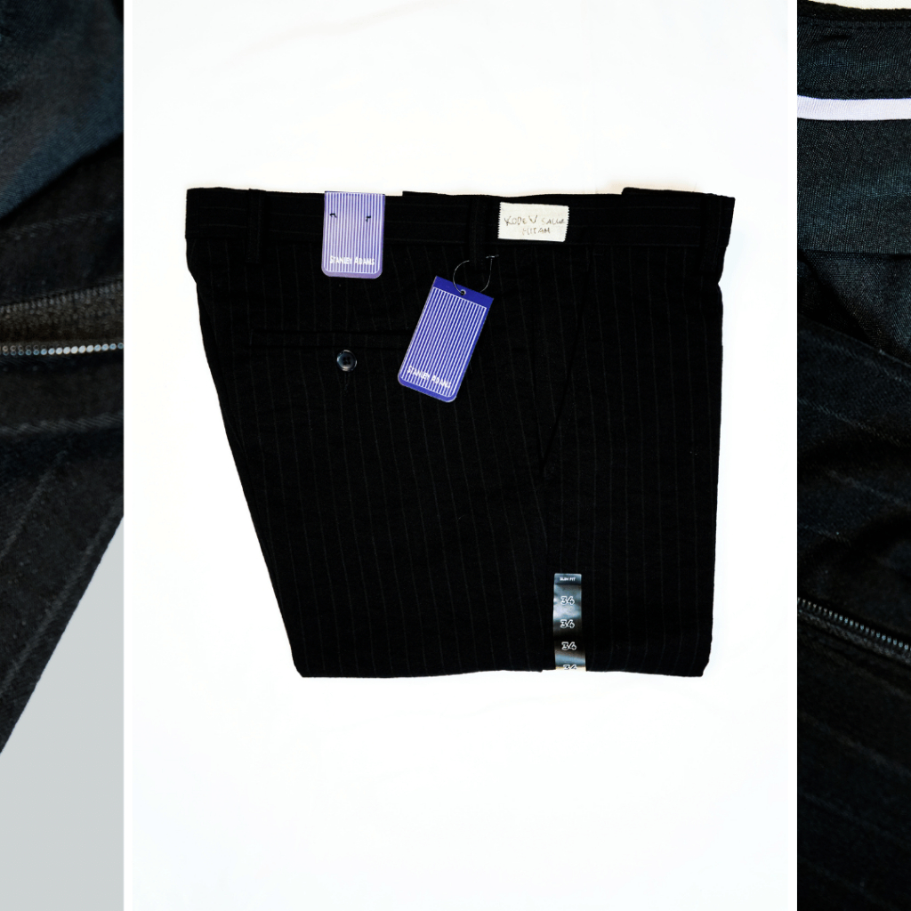 Celana STANLEY ADAMS Panjang Pria Formal Stretch Slim Fit Hitam Bahan Crinkle Motif Garis