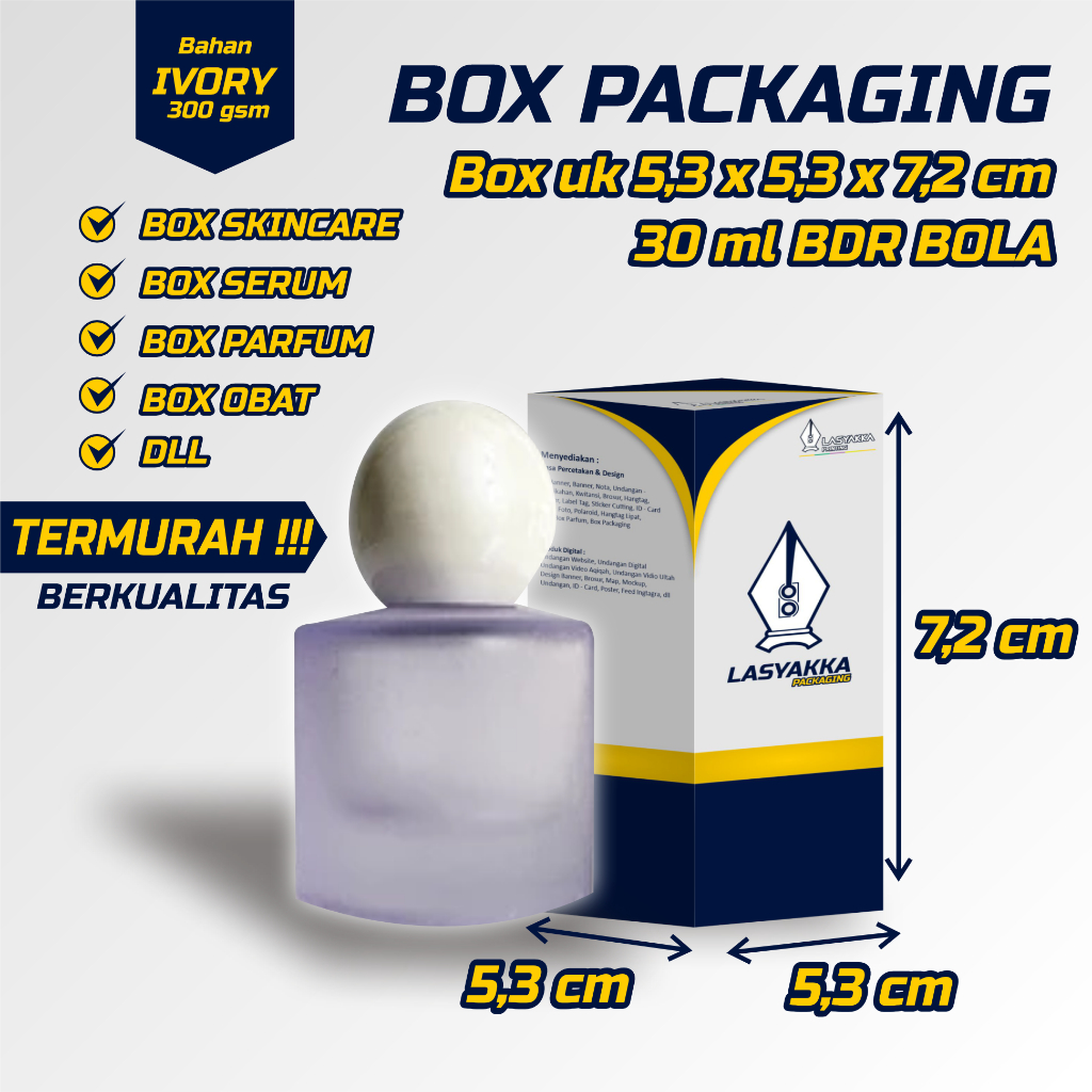 

box packaging bdr bola custom / box bdr bola custom design / box packaging parfum botol bdr bola 30 ml / box packaging custom ukuran 5,3 x 5,3 x 7,2 cm / box packaging / box parfum / box skincare / box obat / box kapsul / box custom / kardus packing / kar