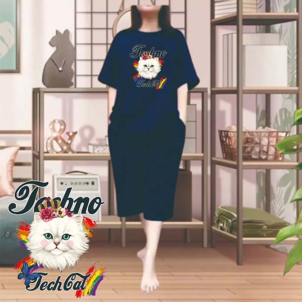 Setelan Kulot Wanita One Set Jumbo Kaos Oversize Atasan Big Size Tech Cat