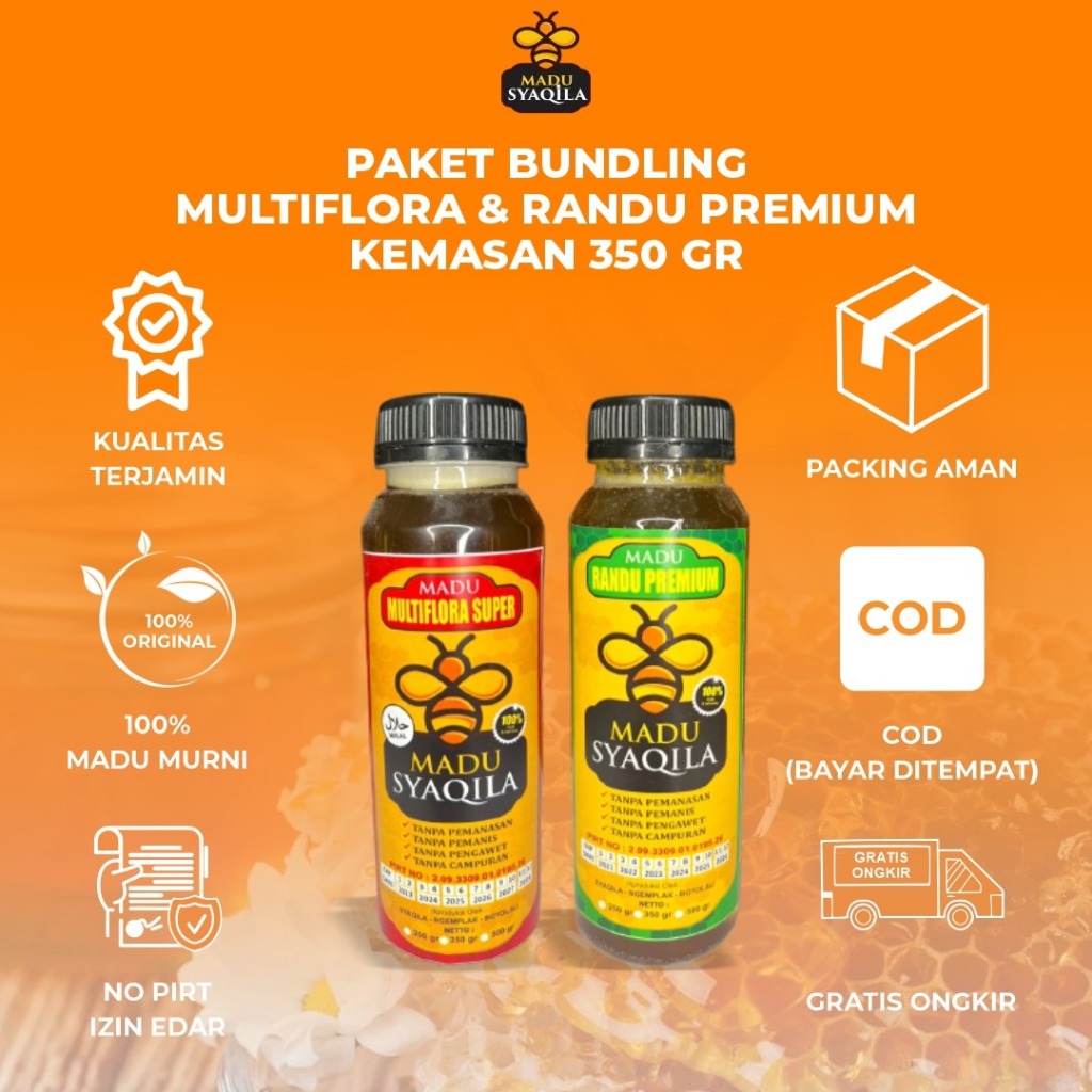 

Madu Syaqila |Paket Multiflora Super & Randu Premium Jaminan Asli 350gr Madu Murni |Raw Honey