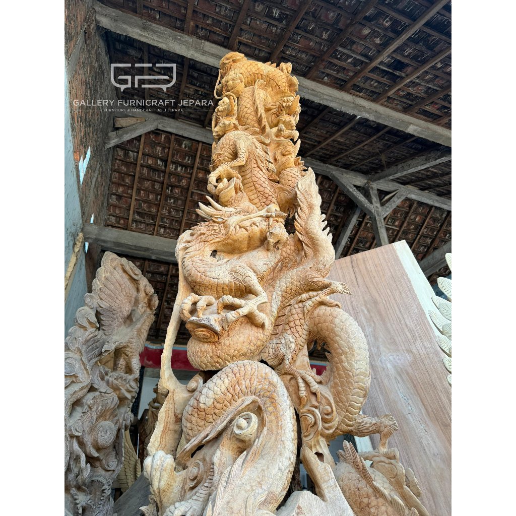 Patung Relief 9 Naga Melingkar 1 Pohon Jati Utuh 270cm