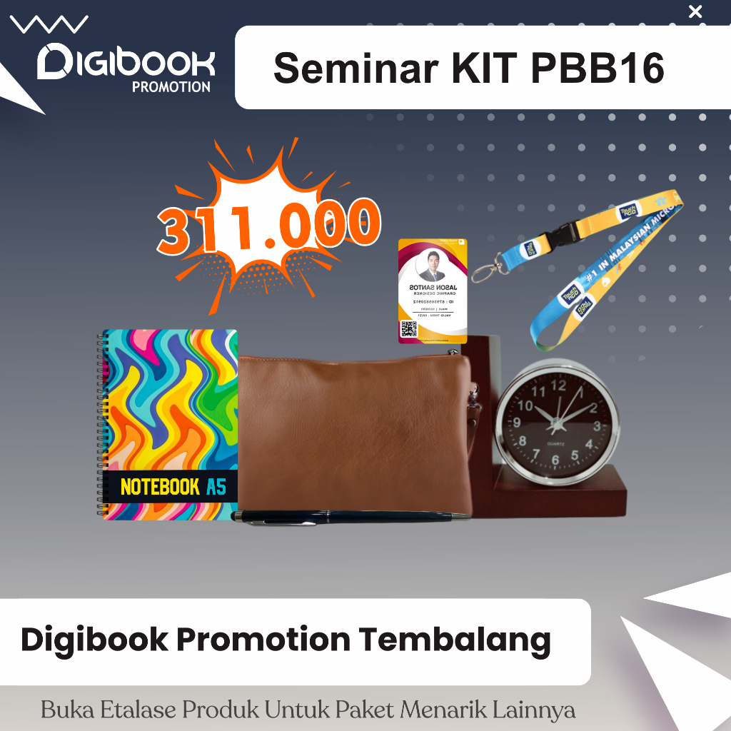 

Pouch Kulit, Notebook Hardcover A5, Jam Meja Kayu, Pulpen Besi, Paket Id Card | Paket Seminar Kit Isi 5 | PBB16