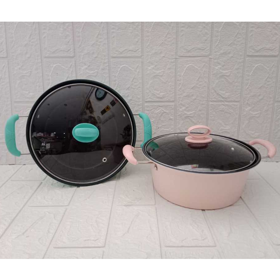 Panci Sup Enamel Tutup Kaca / Soup Pot / Panci Susu Enamel 22 CM