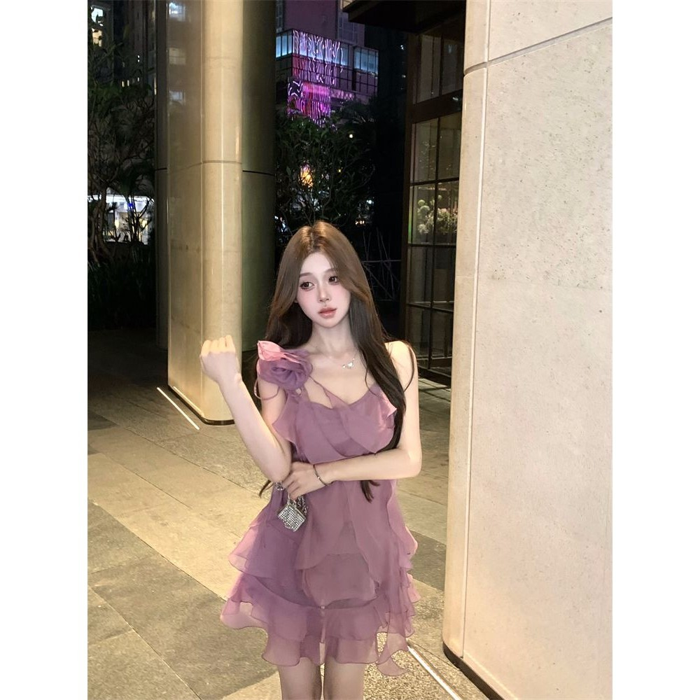 <Crunchy brulee> dress Rok Pendek Gaun Suspender Sifon Bunga Baru Wanita
