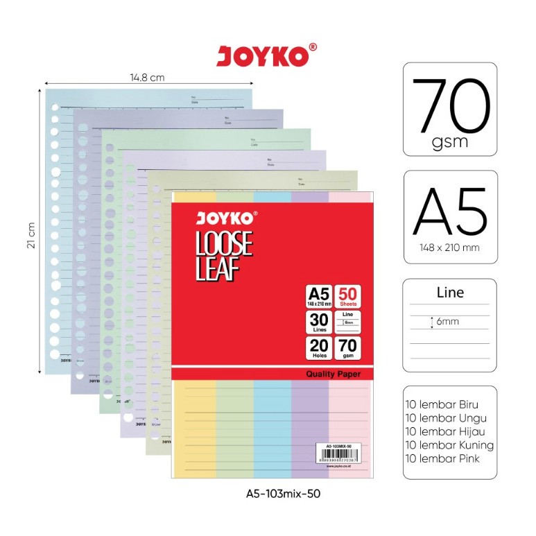 

Kertas Loose Leaf Color Isi Kertas File Binder Warna Joyko A5 - 103 Mix 5 Warna 1 Pak