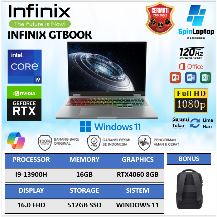 INFINIX GTBOOK CORE I9 13900H RTX4060 8GB RAM 16GB SSD 512GB WINDOWS11 FHD 120HZ 100SRGB RGB