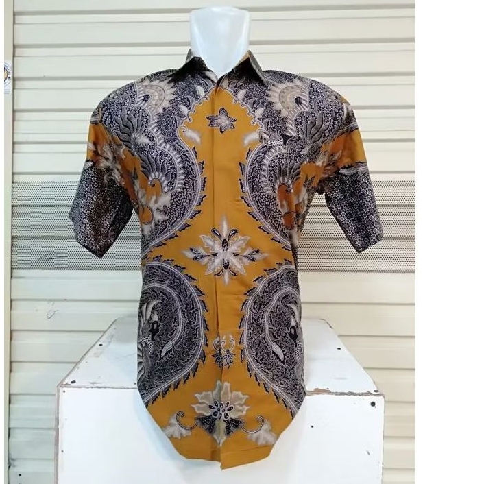 kemeja pendek batik qistina kuning mustard