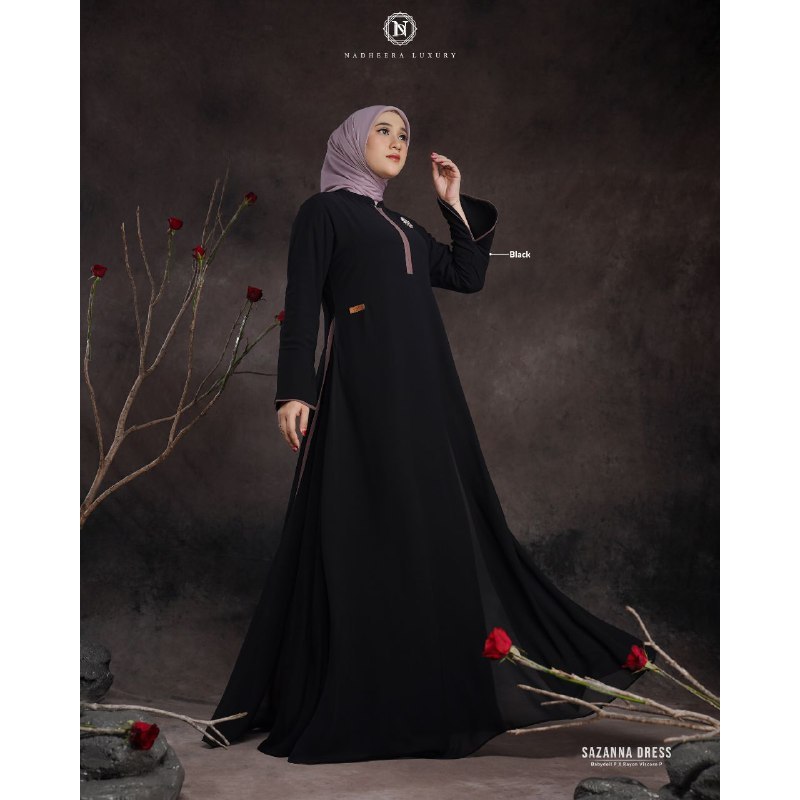 GAMIS HITAM FULL TIDAK MENERAWANG SAZANNA DRESS BY NADHEERA LUXURY