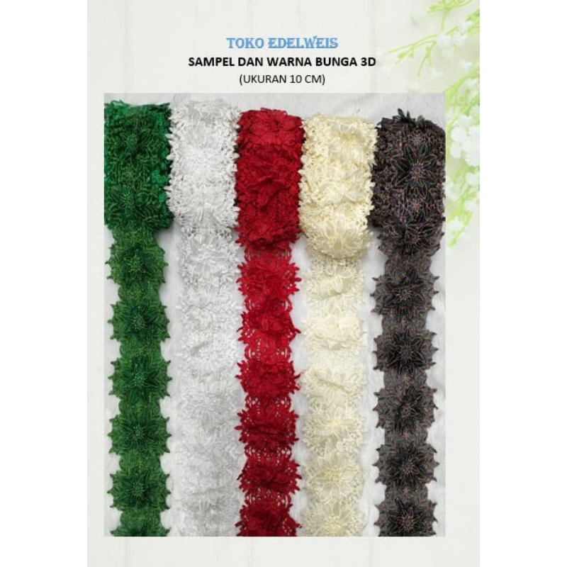 Renda Bunga Organdi Bunga Timbul 3D Antik lebar 10cm