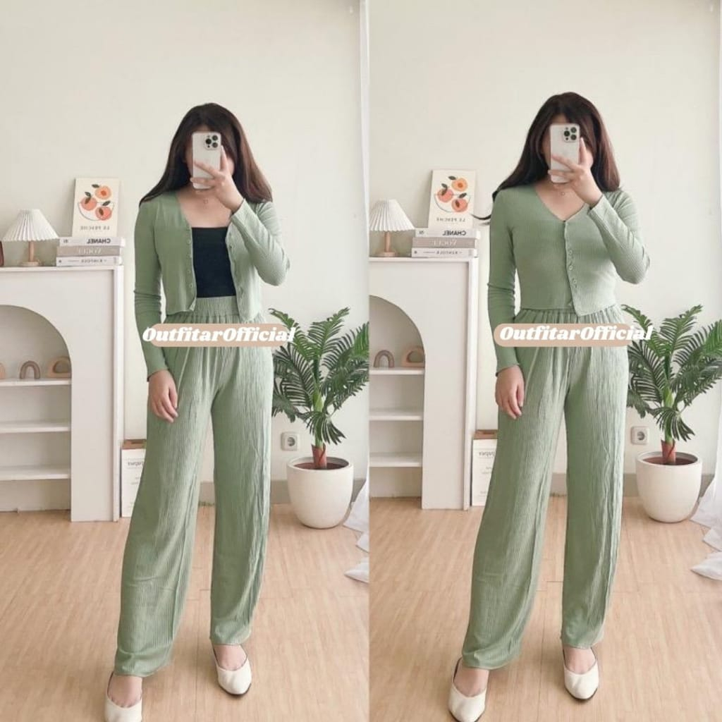 Set Celiny Premium Knit (Cardi+Pants) / Setelan Wanita Crop dan Celana Kulot