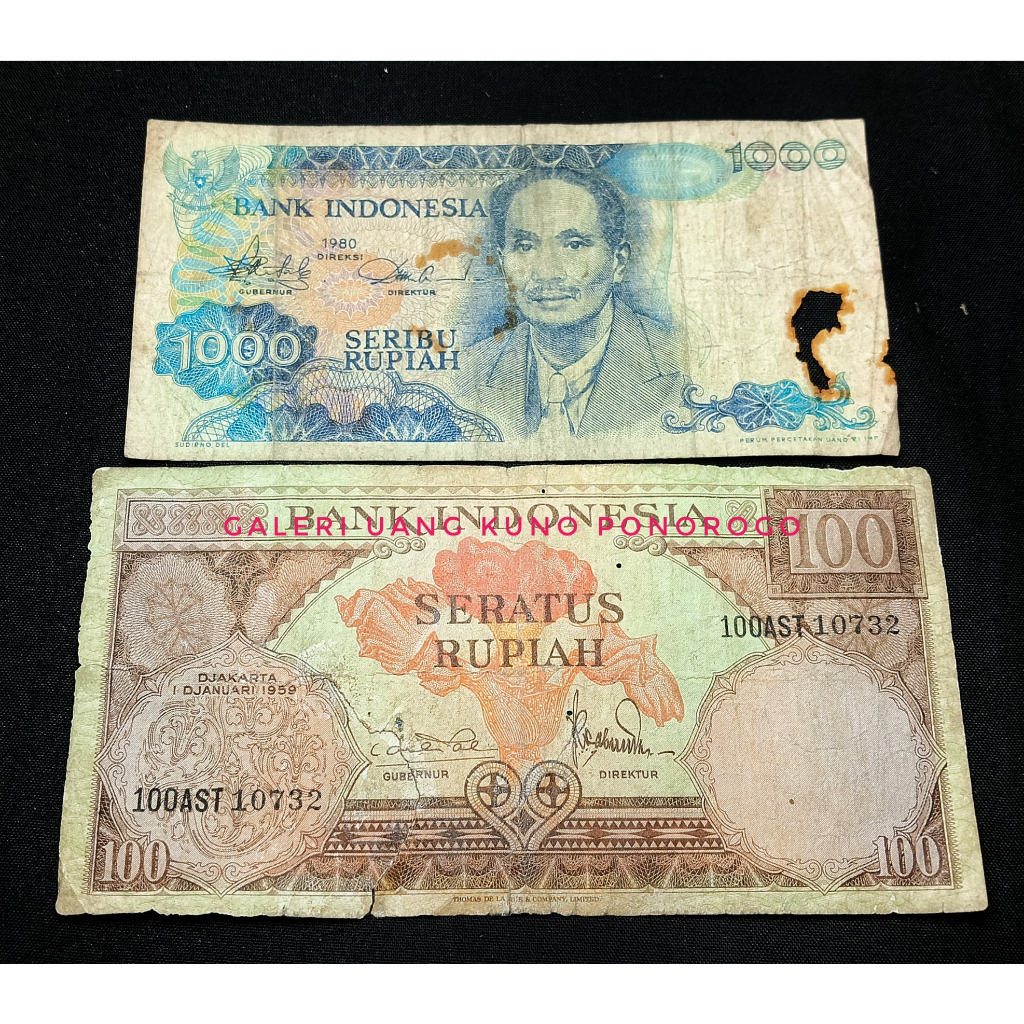 uang kuno campur indonesia 2 lembar /100rupiah /1000 rupiah (V20)