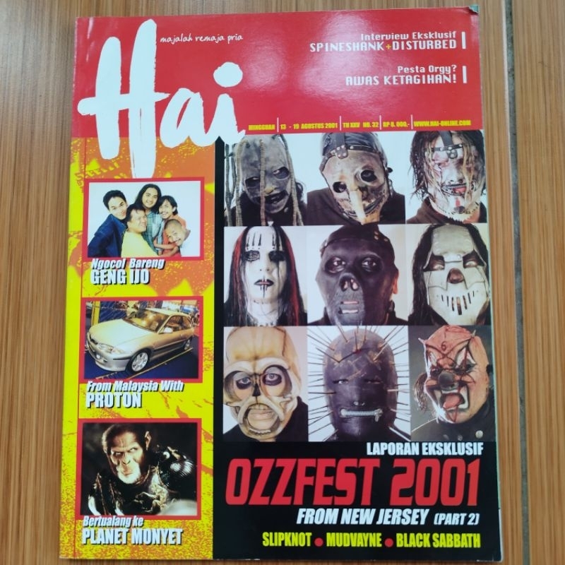 Majalah Hai cover Slipknot, artikel summer Sonic 2001, cherry bombshell, disturbed