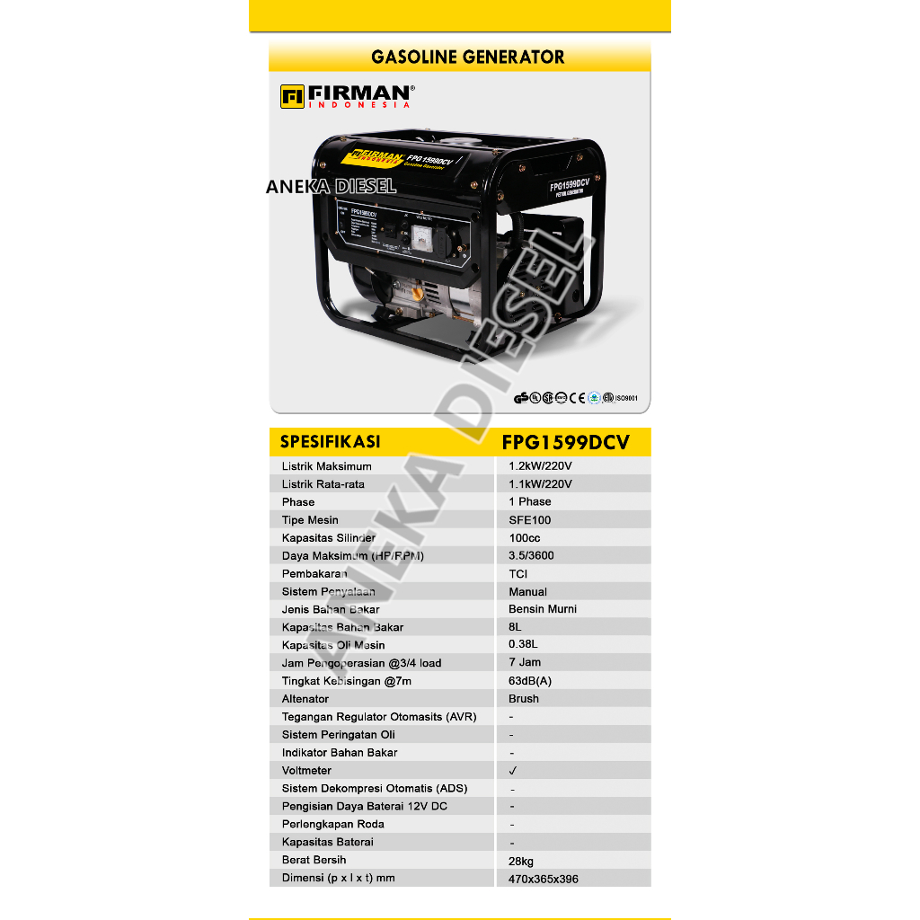 Mesin Genset 1000W FIRMAN FPG 1599DCV FI Gasoline Generator 1000W FPG 1599DCV FI FIRMAN Pembangkit L