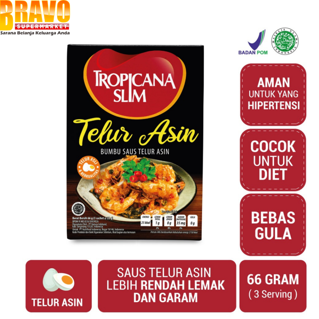 

Bravo Bojonegoro - Tropicana Slim Bumbu Saus Telur Asin 66GR ( 3 Sachet @22GR ) - Lebih Rendah Lemak dan Garam