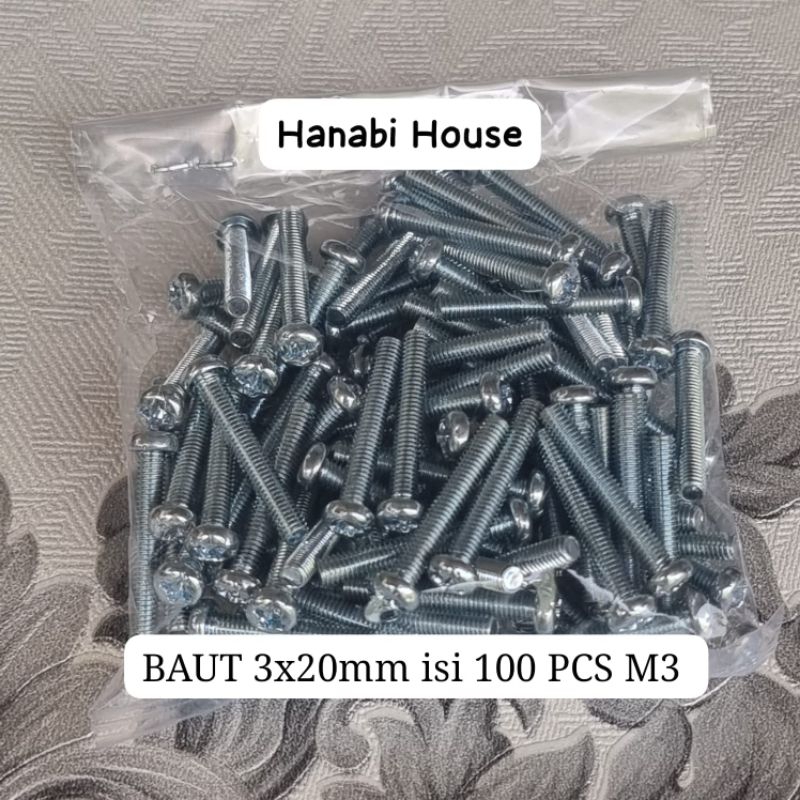 100 Baut 3X20mm Baut JP M3 Panjang 2cm Diameter 3mm