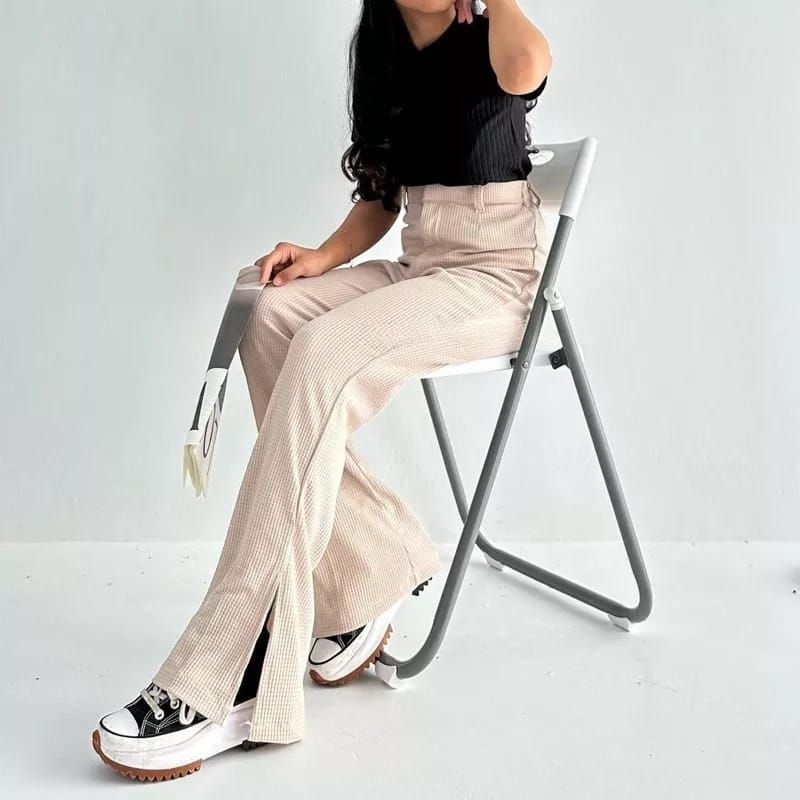 Celana Kulot - Celana Knit Waffle Slit - Knit Pants Rib Panjang