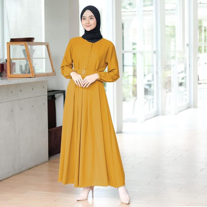 Gamis Polos Mustard Syari Remaja Jumbo Baju Korea Premium terbaru 2022 Gamis Mewah Elegan Syar'i