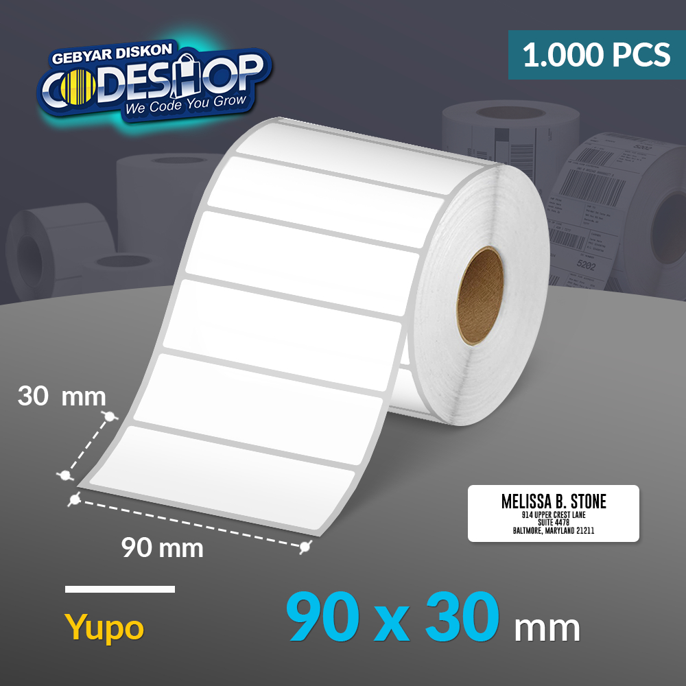 

Codeshop Label Yupo 90 x 30 mm 1 Line Stiker Printer Barcode Core 1 Inch Isi 1000 Pcs Anti Sobek Tahan Air Gesek Panas Minyak