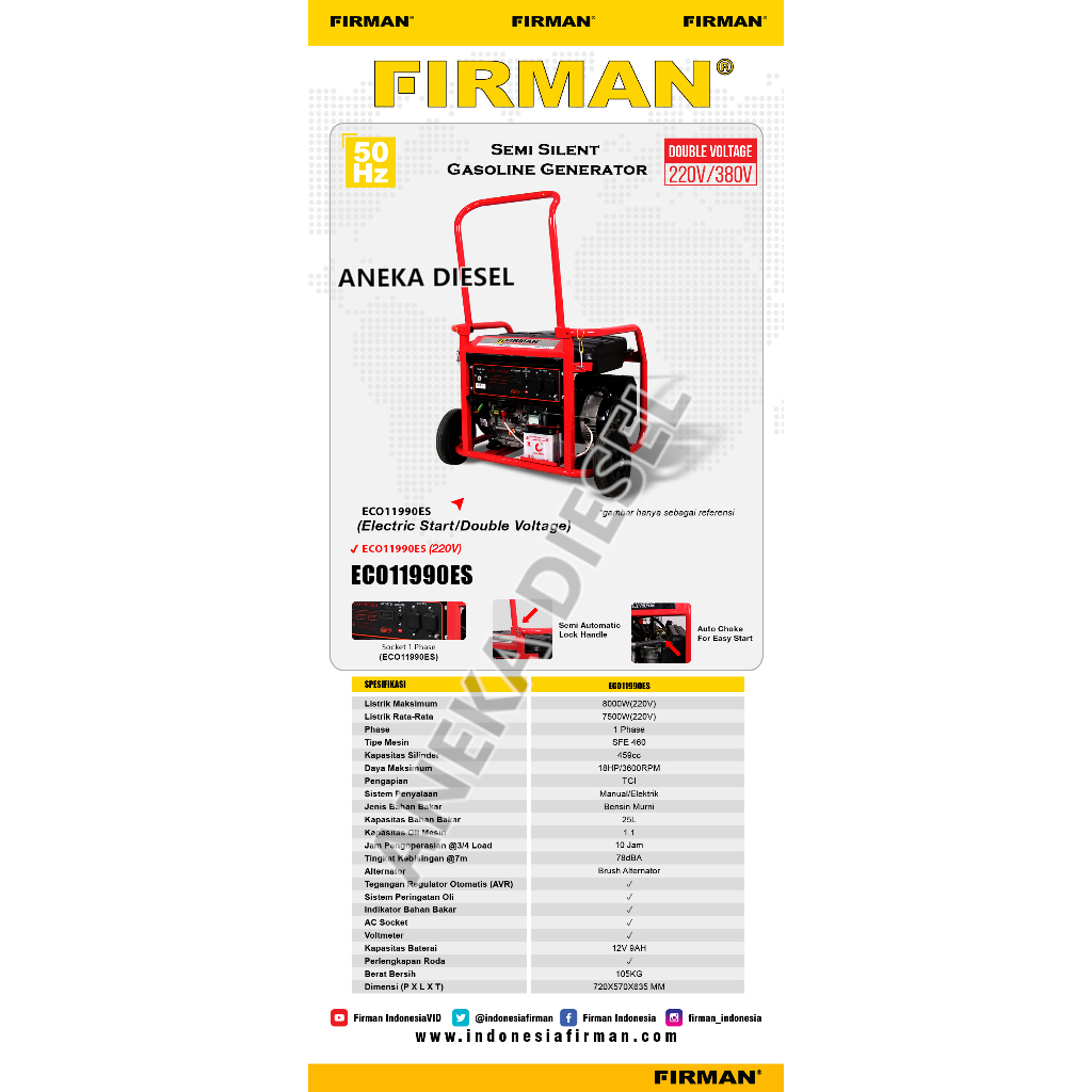 Mesin Genset 8000W FIRMAN ECO 11990ES Gasoline Generator 8000W 11990ES FIRMAN Pembangkit Listrik