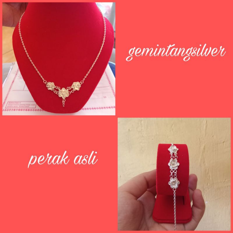 Set Kalung dan gelang mawar perak murni