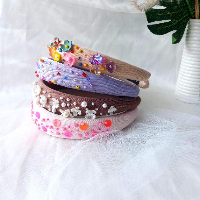 Aeesha - Bando Manik Manik Korea Mutiara Wanita Anak Dewasa Lucu Payet Pink Sequin Warna Warni