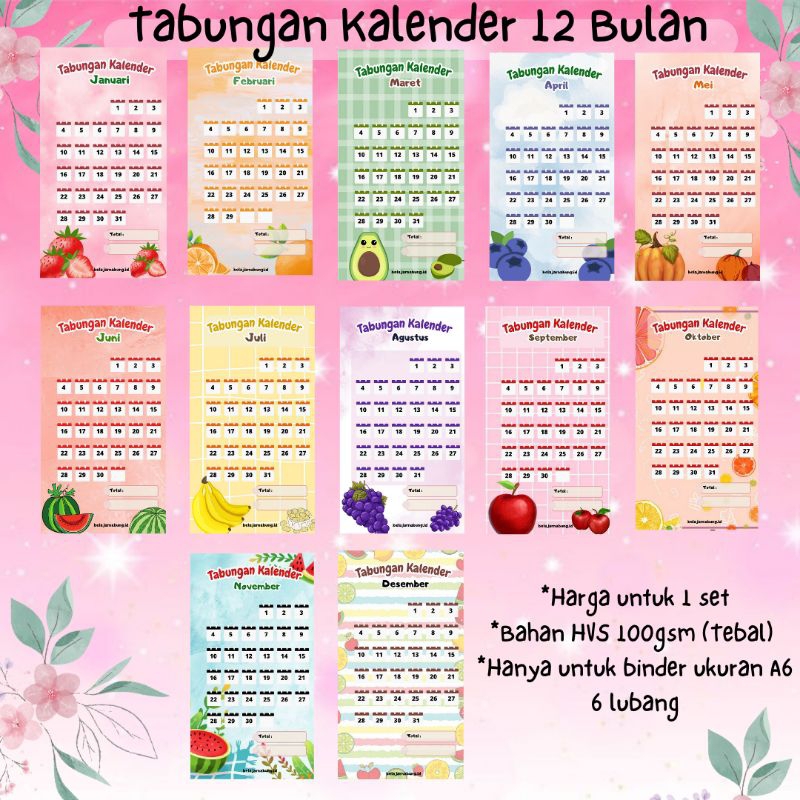 

Saving Challenge Kalender 1 set isi 12 | A6 6 lubang