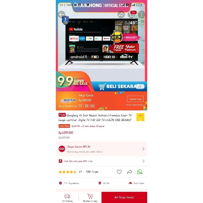 Tv changong 43inc  android 11 smart tv khusus tangerang