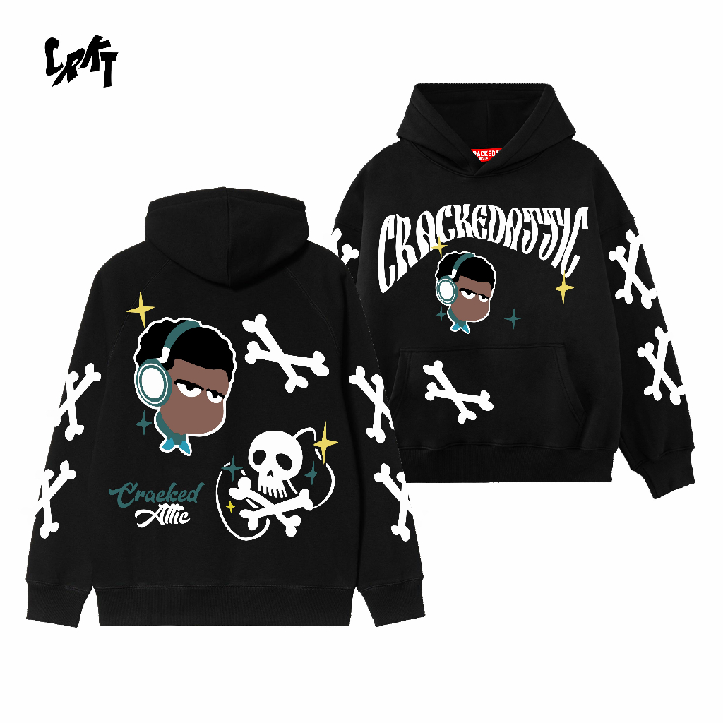CRACKEDATTIC Fleece Hoodie Oversize Black Mention Bones
