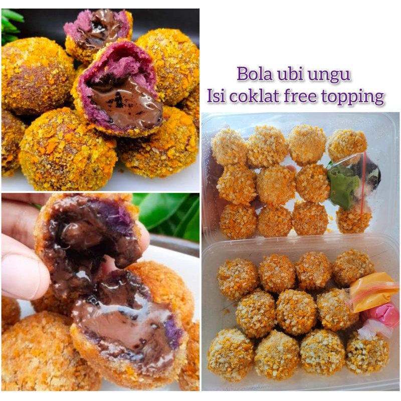 Bola Ubi ungu Varian rasa coklat dan Varian rasa Keju mozarella Isi 11 pcs + 2 toping rasa tambahan