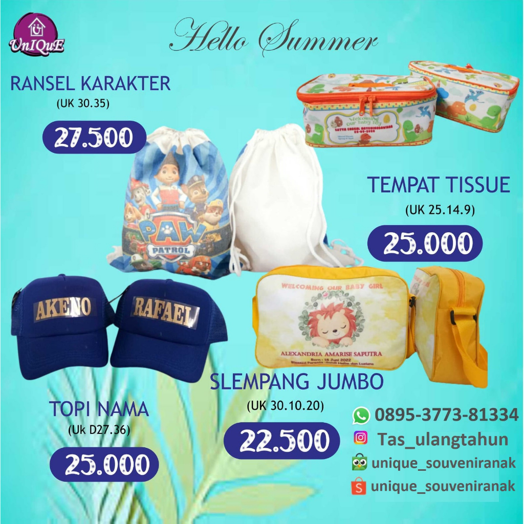 

PROMO SEPTEMBER goodie bag ransel karakter blacu, tempat tisu, topi anak, tas slempang jumbo bisa custom tema cocok untuk sovenir acara apapun