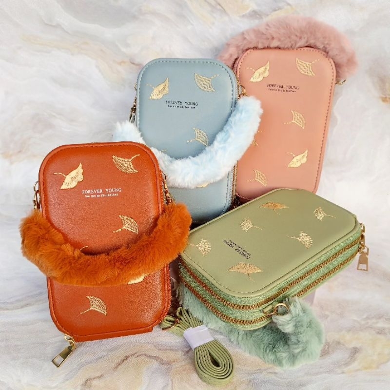 Tas hp import wanita bulu 2 resleting bordir 2 tali