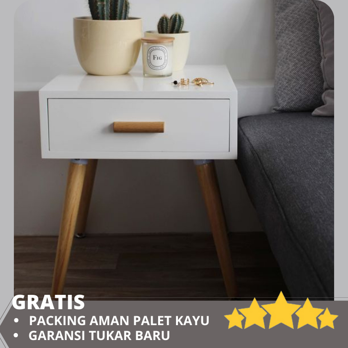Meja Nakas Minimalis Aesthetic Kamar Tidur 1 Laci Putih Tarikan