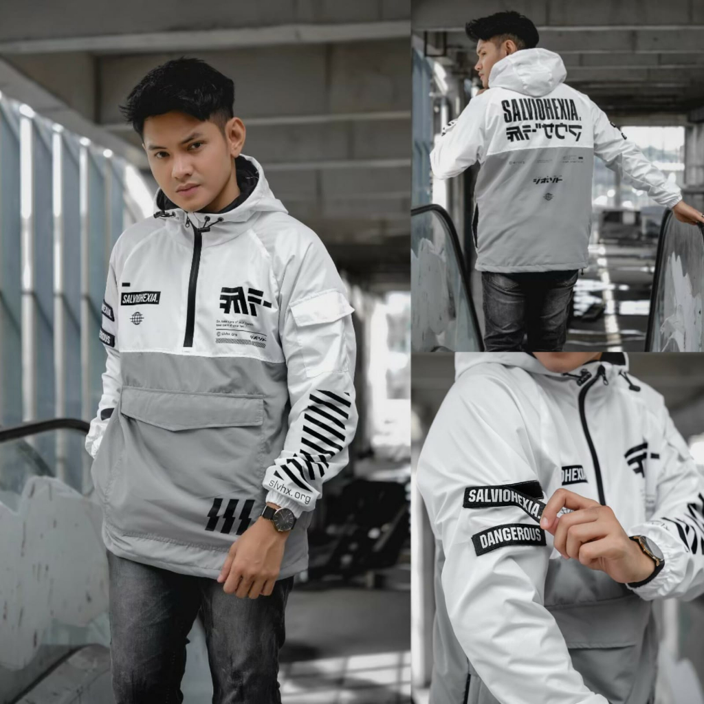 Jaket Cagoule Chyber Putih Abu - Jaket Cagoule Kanji - Jaket Kantong Doraemon